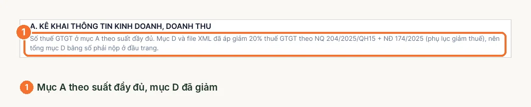Dòng ghi chú dưới mục A tờ khai về giảm 20% thuế GTGT