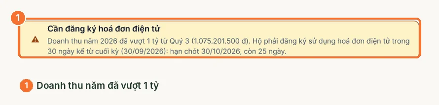 Cảnh báo doanh thu năm đã vượt 1 tỷ và hạn đăng ký hóa đơn điện tử