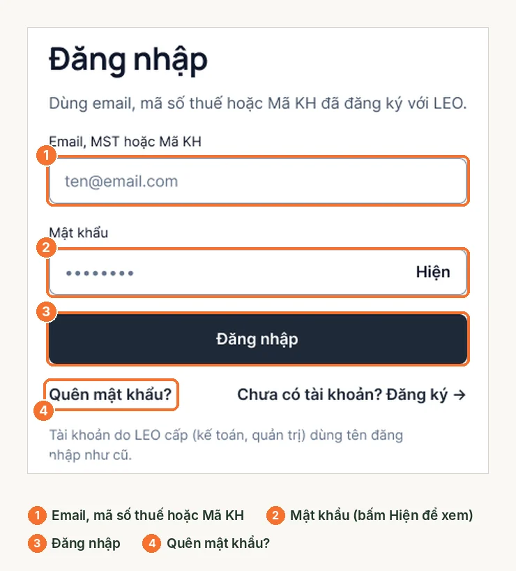 Màn đăng nhập LEO nhận email, mã số thuế hoặc mã KH
