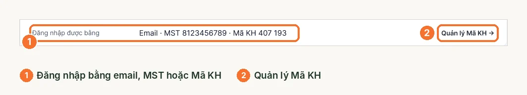 Dòng đăng nhập được bằng email, MST, mã KH trong cài đặt tài khoản