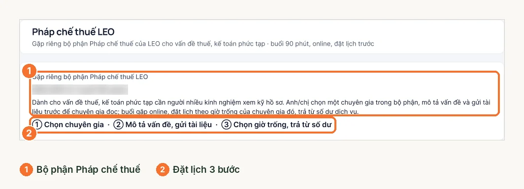 Trang Pháp chế thuế LEO với mô tả bộ phận và 3 bước đặt lịch