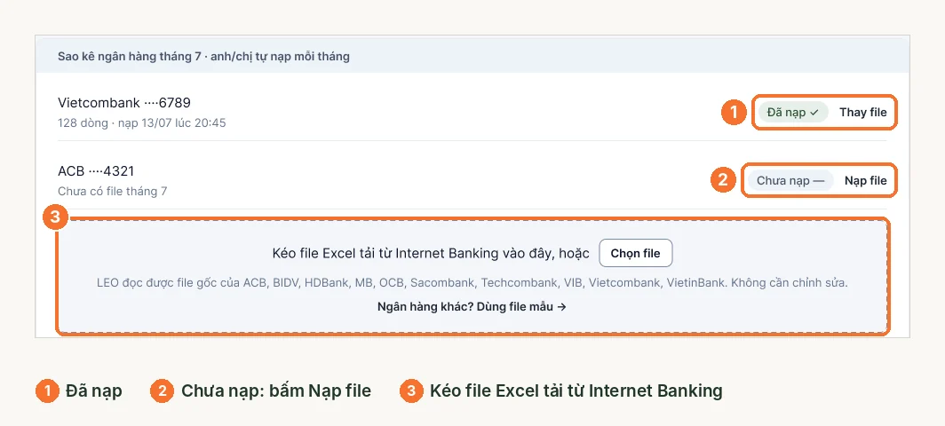 Mục sao kê ngân hàng tháng 7 với tài khoản đã nạp, chưa nạp và ô kéo file