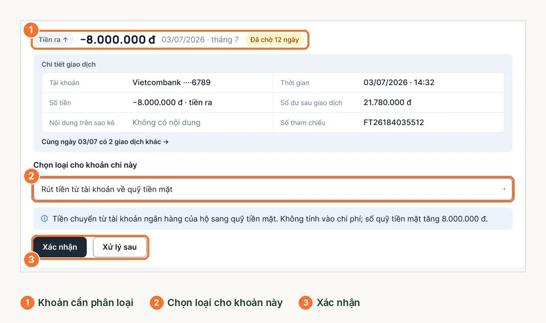 Màn hình phân loại giao dịch: chi tiết khoản tiền ra và ô chọn loại