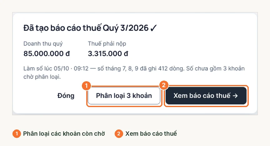 Kết quả tạo báo cáo thuế quý với doanh thu quý, thuế phải nộp và nút xem báo cáo