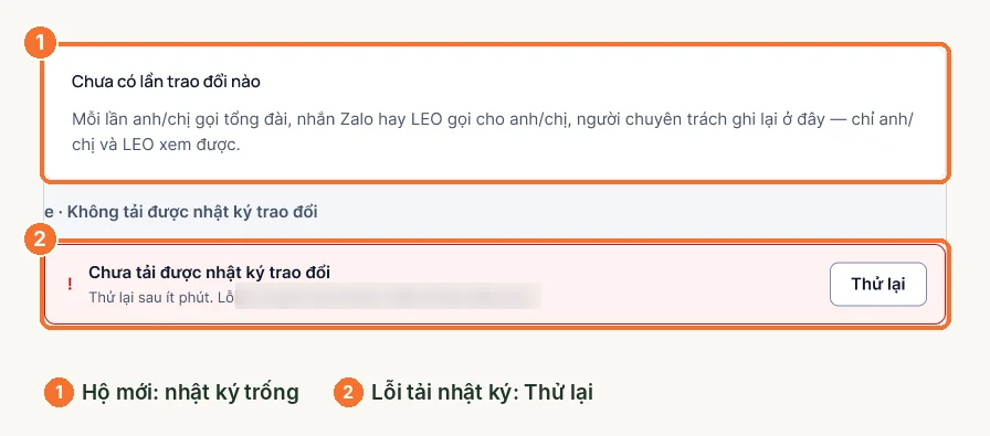 Nhật ký trống với hộ mới và thông báo lỗi tải nhật ký kèm nút thử lại