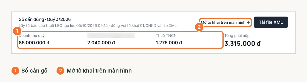 Khối số cần dùng quý 3 với nút mở tờ khai trên màn hình