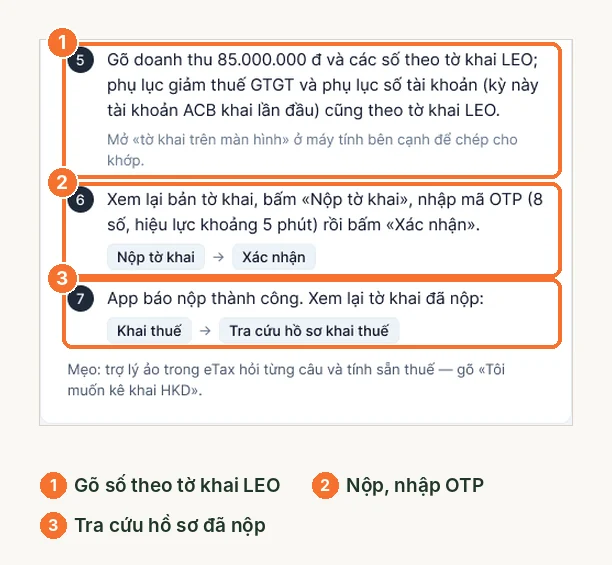 Các bước 5 đến 7: gõ số theo tờ khai LEO, nộp và nhập OTP, tra cứu hồ sơ