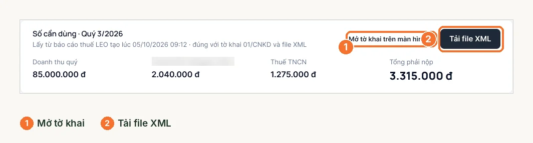 Khối số cần dùng quý 3 trên LEO với nút mở tờ khai và tải file XML