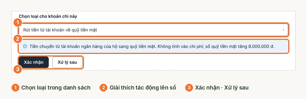 Ô chọn loại cho khoản chi, dòng giải thích tác động lên sổ và nút xác nhận