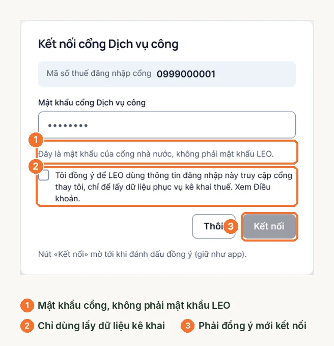 Cửa sổ kết nối cổng Dịch vụ công: mật khẩu cổng, ô đồng ý và nút kết nối mờ
