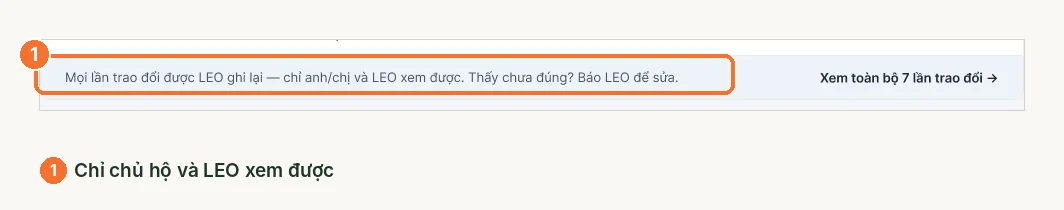 Dòng ghi chú nhật ký trao đổi chỉ chủ hộ và LEO xem được