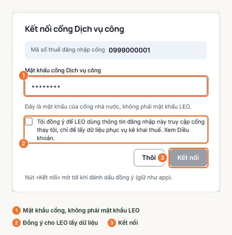 Cửa sổ kết nối cổng Dịch vụ công: ô mật khẩu cổng và ô đồng ý