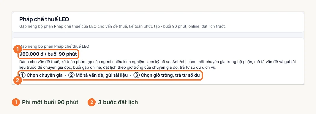 Đầu trang Pháp chế thuế LEO: 960.000 đồng một buổi 90 phút và 3 bước đặt lịch