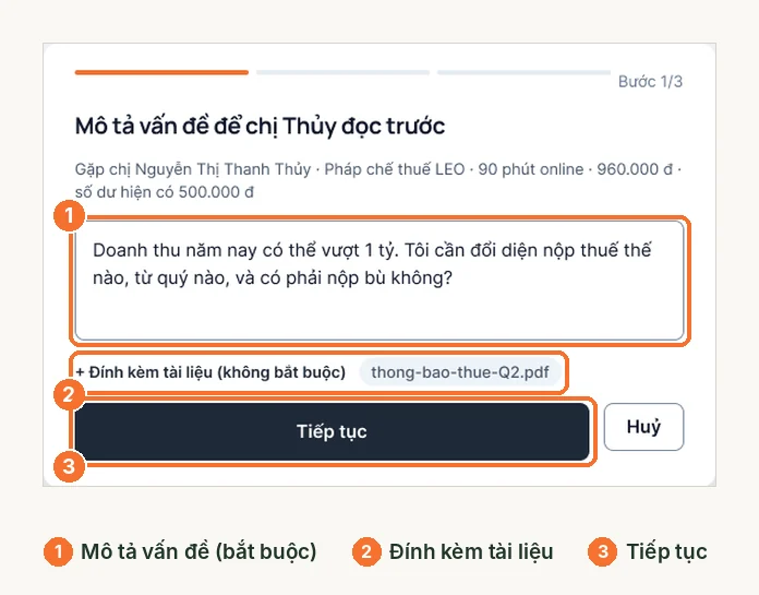Bước 1 đặt lịch Pháp chế thuế LEO: mô tả vấn đề và đính kèm tài liệu