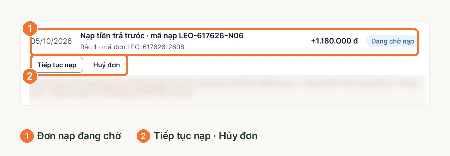 Dòng đơn nạp đang chờ với nút tiếp tục nạp và hủy đơn