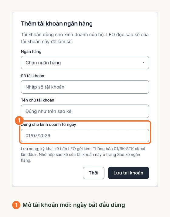 Cửa sổ thêm tài khoản ngân hàng với ngày bắt đầu dùng cho kinh doanh