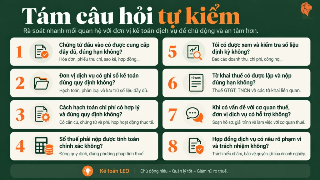 Tám câu hỏi tự kiểm quan hệ với bên dịch vụ kế toán