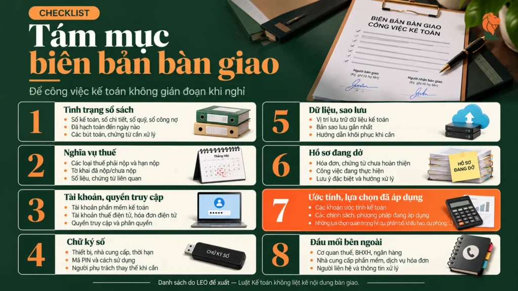 Tám mục nên có trong biên bản bàn giao công việc kế toán