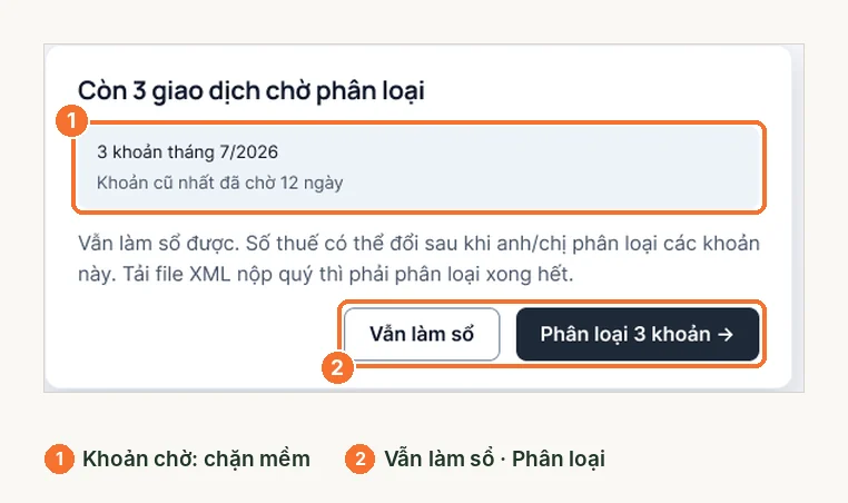 Cửa sổ còn 3 giao dịch chờ phân loại khi tạo báo cáo thuế