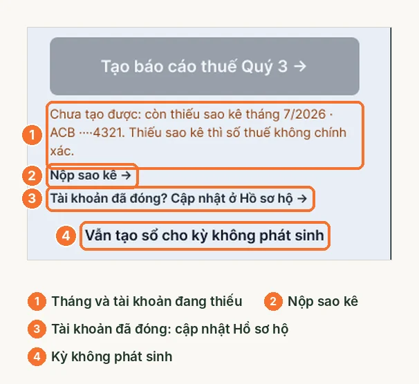Nút tạo báo cáo thuế bị khóa trên LEO với lý do thiếu sao kê và các lối tắt xử lý