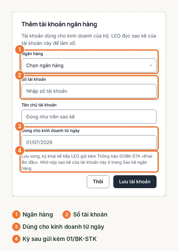 Cửa sổ thêm tài khoản ngân hàng: ngân hàng, số tài khoản, ngày dùng cho kinh doanh