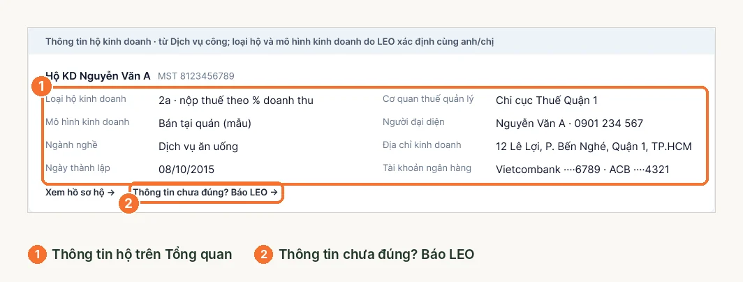 Khối thông tin hộ kinh doanh trên Tổng quan LEO với lối báo thông tin chưa đúng