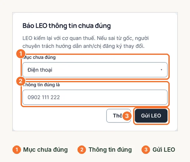 Cửa sổ báo LEO thông tin chưa đúng: chọn mục, ghi thông tin đúng, gửi