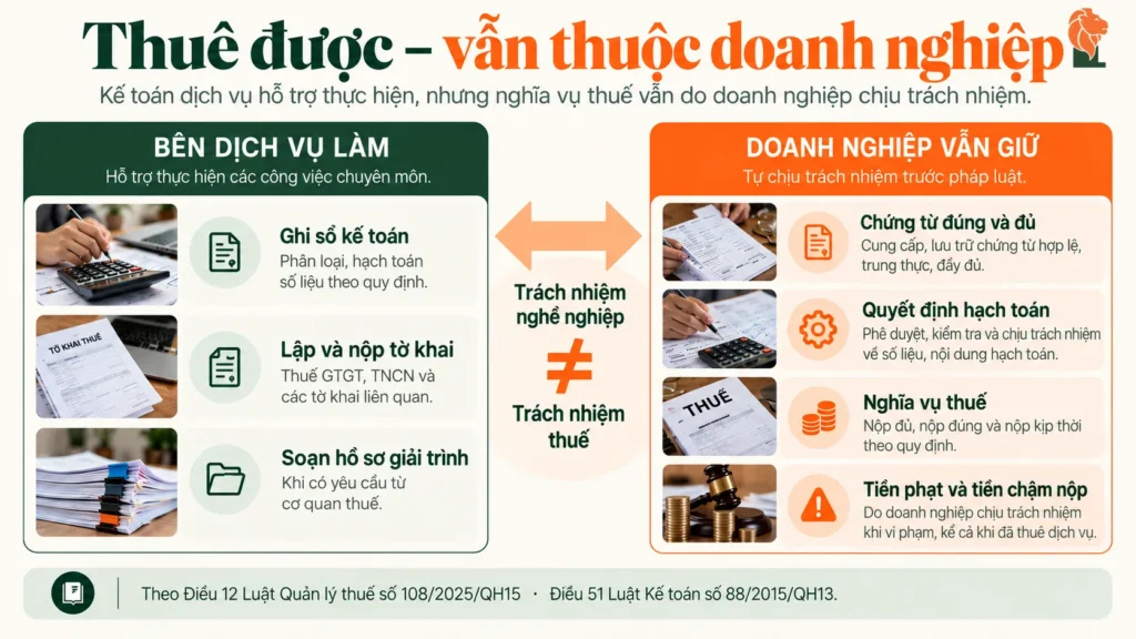 Việc thuê kế toán dịch vụ làm được và nghĩa vụ thuế vẫn thuộc doanh nghiệp