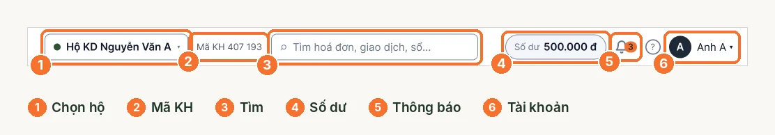 Thanh trên cùng LEO: chọn hộ, mã KH, tìm, số dư, thông báo, tài khoản