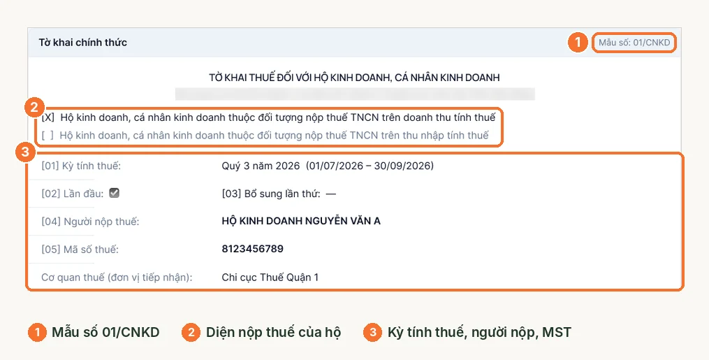 Phần đầu tờ khai 01/CNKD do LEO lập: diện nộp thuế, kỳ tính thuế, người nộp, mã số thuế